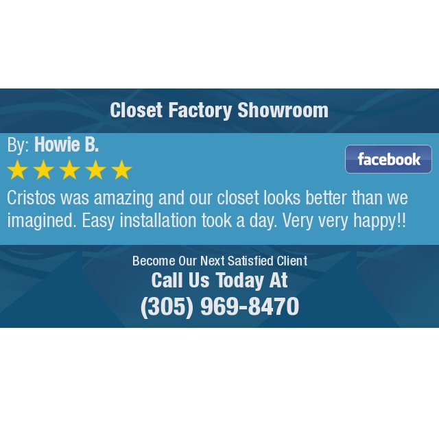 Closet_Factory's tweet photo. 5 Star: Howie B. "Cristos was amazing and our closet looks better than we imagined. Easy installation took a..." https://t.co/KjaZ335bdK https://t.co/vkJAH41GmL