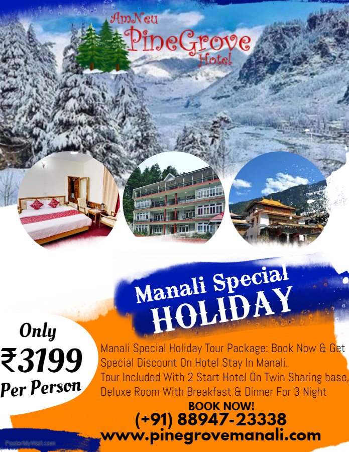 Manali Budget Tour Package- By AmNeu Pine Grove. The Package Is Included With 3 Night Stay In Hotel With Breakfast &amp; Dinner on Twin Sharing Base In Just 3199 INR Package Cost Is Valid  Till 10th of March 2019. 
+91 88947-23338 |pinegrovemanali.com  #manalitourpackage