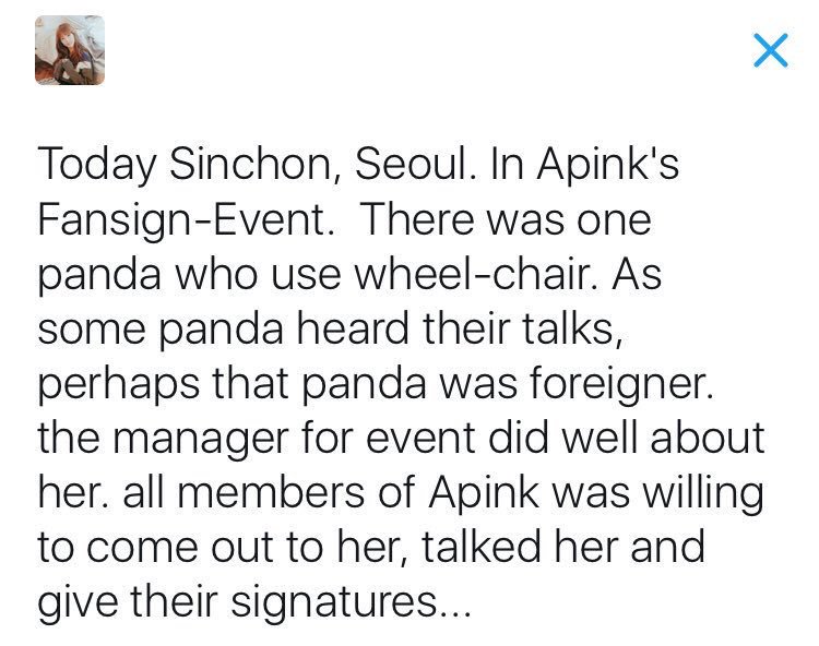 during one fansign event, apink extendedly went down the stage to personally talk to a fan   https://twitter.com/tibomi_0813/status/813771352100327427?s=21