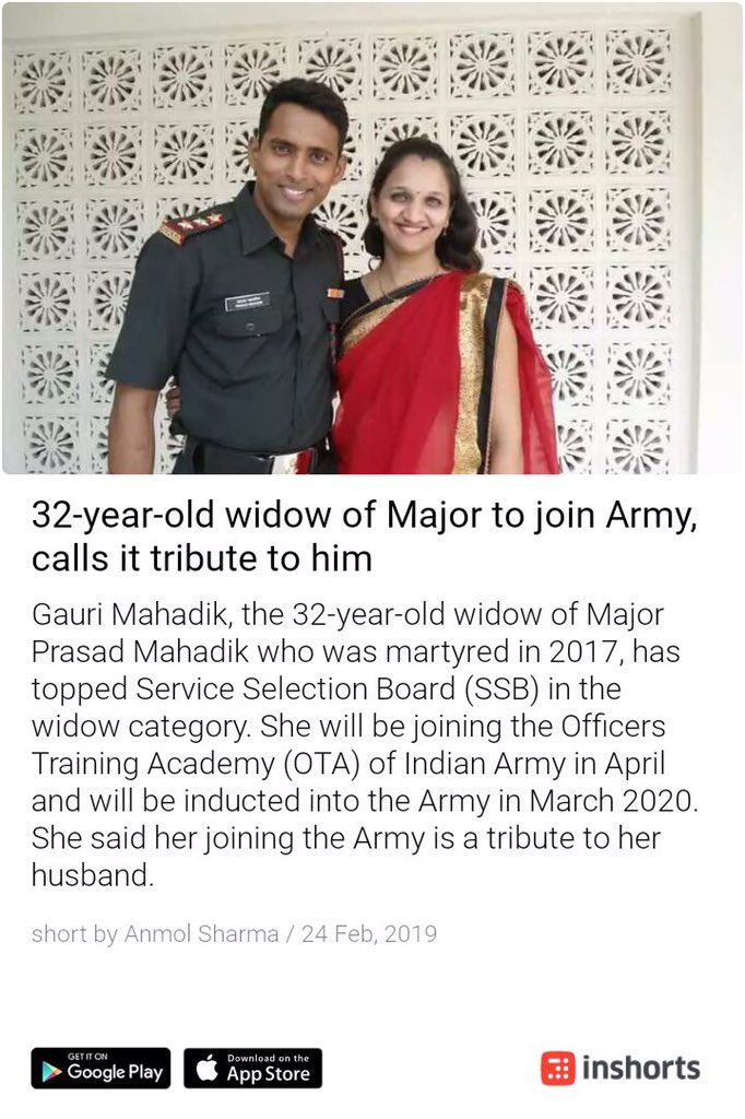 Gauri Mahadik, wife of Major Prasad Mahadik who was martyred in 2017, will join Indian Army as an officer. There is something about Olive Green that is indescribable. You touch it and it changes you for ever. Proud of you, Ma’am. Go forth, and Serve With Honour.