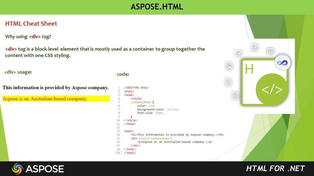 AsposeHTML's tweet image. #AsposeHtml wishes you a great #Sundaycoding! Our today's #CheatSheet is about &lt;div&gt; tags. Most often used as containers, &lt;div&gt; tags are of great popularity among #developers. #aspose #tutorial #html5 #css