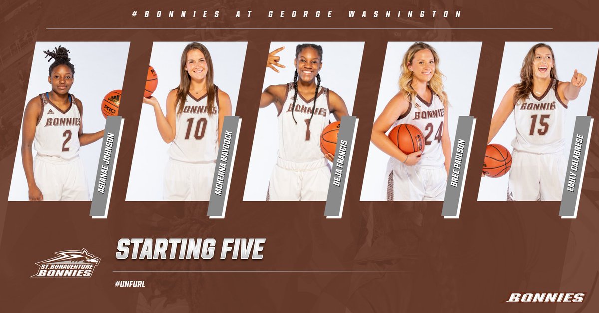 BonniesWBB's tweet photo. Today's starters!

Notes:
-Asianae Johnson had the game-winner as time expired Thursday vs. URI
- Mckenna Maycock leads SBU w/ 13.0 ppg during A-10 play
- Bree Paulson ranks 4th in A-10 play in 3-pt pct (42.1%)
- Deja Francis' 82 assists are most by an SBU freshman since 1994-95 https://t.co/jW29EDCObG