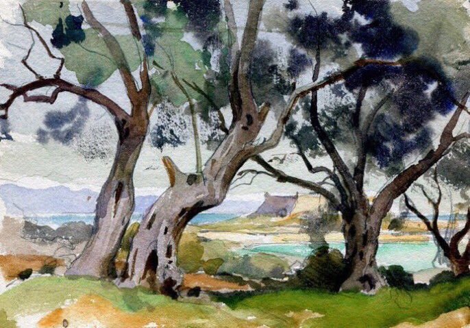 henri_zuber's tweet photo. Le fort carré d’Antibes et les alpes enneigées vu du chemin du Puys - H. Zuber - Provence vers 1890 - Aquarelle 13x18 - coll. part. https://t.co/aZskEeQuUp