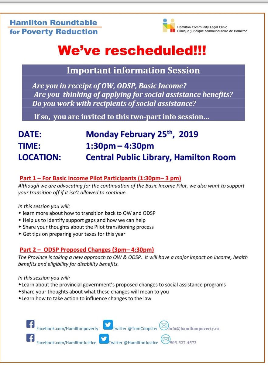 Reminder, #BasicIncome Info Session for Pilot Participants in #HamOnt & Brantford... tomorrow at 1:30pm at Central Branch of @HamiltonLibrary. We'll have staff from ODSP & OW offices on hand & lawyer @MikePerry2015 joining via live-stream to answer questions.