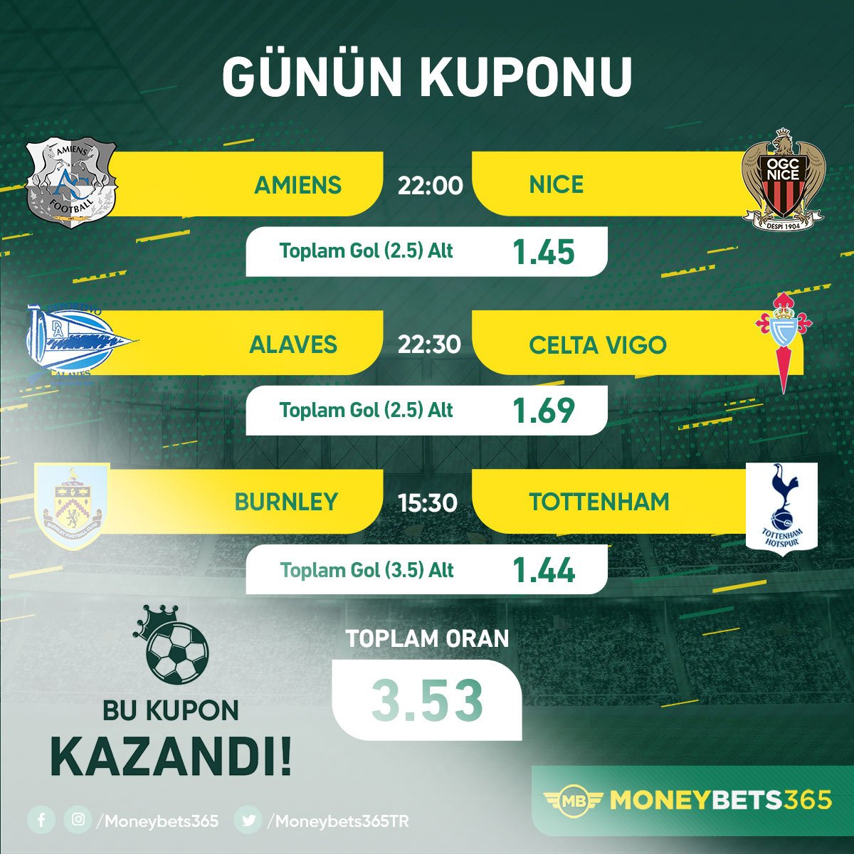 Dedim dedim inanmadınız bak ne oldu şimdi 🤑🤑

Oynayanlar kazanmıştır😎😎

bit.ly/moneybets365