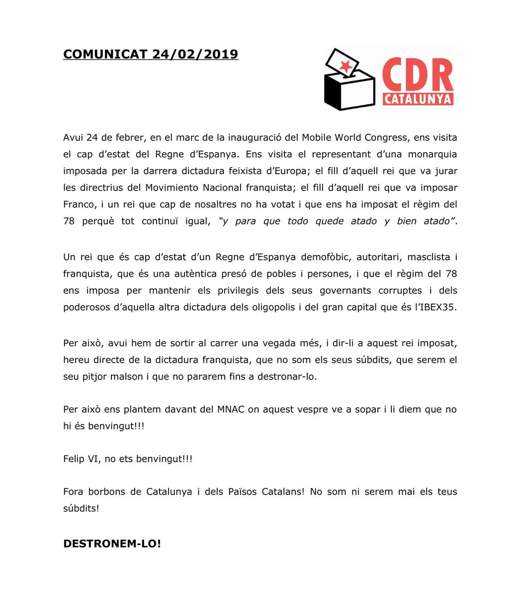 CDRCatOficial's tweet photo. ❗ URGENT ❗

👉 Ens plantem davant del #MNAC, on el borbó ve a sopar aquest nit.

👑🔥 Deixem ben clar que no hi és benvingut!

🔉 Fem crida a afegir-vos-hi des d'ara mateix.

#Destronemlo
#NiReiNiPor
#CDRenXarxa https://t.co/MYj6TDXblJ