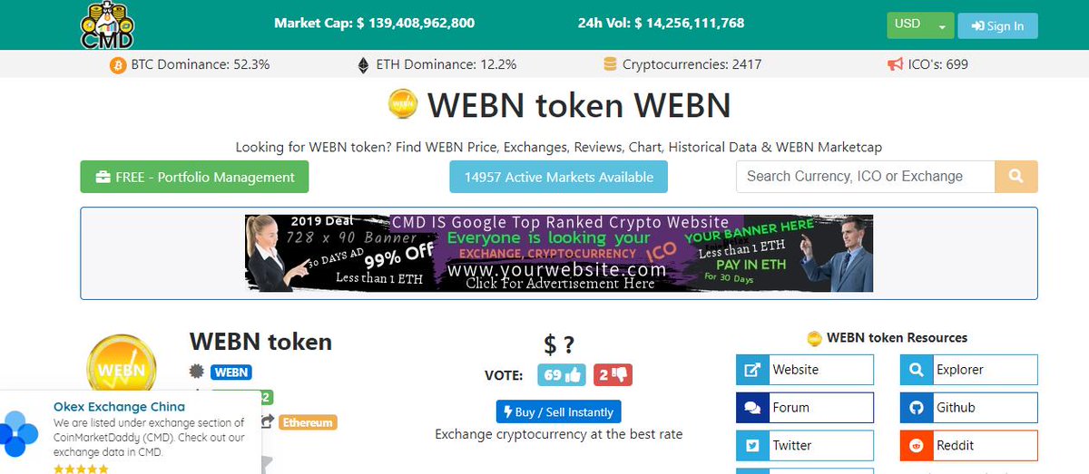 WebnProject's tweet photo. WEBN is listed on @coinmarketdaddy .
https://t.co/20DBufyMZi
CoinMarketDaddy (CMD) lists more than 2000 cryptocurrencies, ICO, projects and exchanges. CMD also manages market cap, charts, historical data and reviews given by visitors. 
#webn @CoinMarketCap https://t.co/MunTSKFmGW
