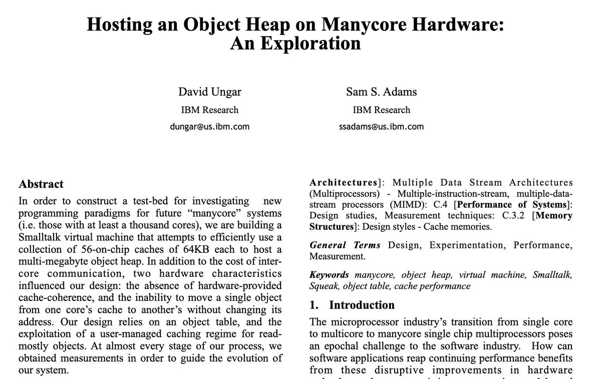 dynlangsym's tweet image. From #dls09:

Hosting an object heap on manycore hardware: an exploration
by @senderPath, S. Adams

Work on a VM for an experimental manycore processor. It later became the @roarvm.

#pastPapers
