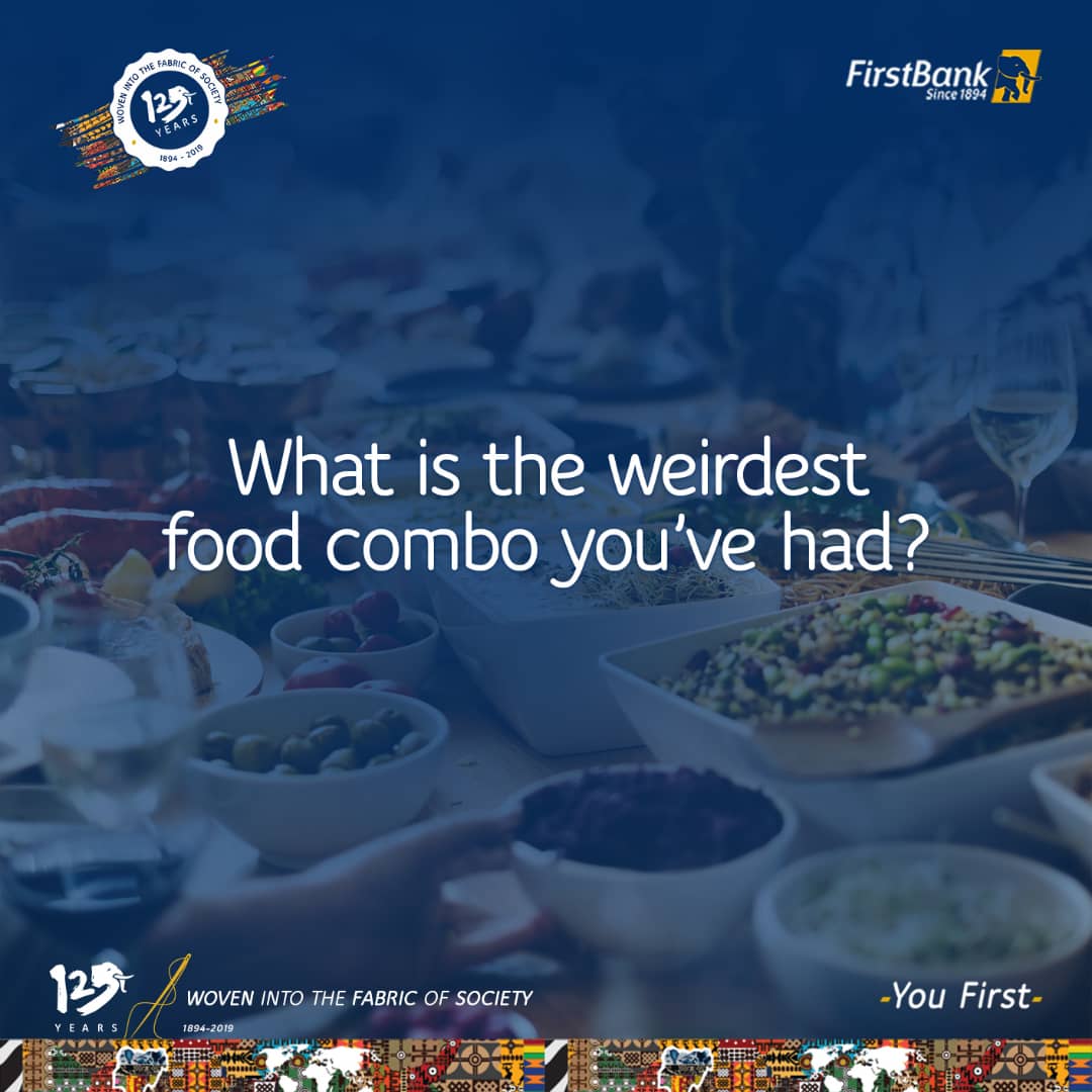 FirstBankngr's tweet photo. Happy Sunday People!!
What is the weirdest food combo you have ever eaten or heard of?
Let us talk about it in the comment section. #Sundates #YouFirst https://t.co/Qh0wgJRIbQ
