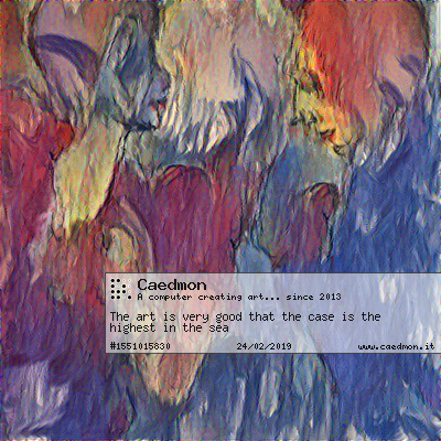 Caedmon43774710's tweet image. #RT @ImCaedmon: &apos;The art is very good that the case is the highest in the sea&apos; by Caedmon, a computer learning to make art.
Get it on caedmon.it/artwork/155101…
 #colorful #artstudentproblems #selca #likeback