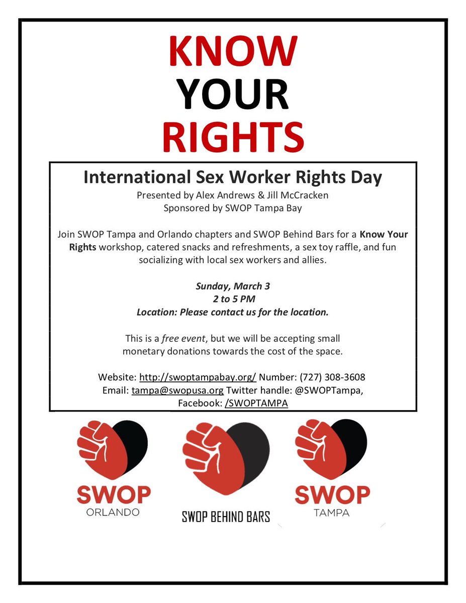 SWOPTampa's tweet image. Important Dates:

📝Feb 26th Biz meeting @ 7pm St. Pete SW only. 

📝March 3rd 2-5 Tampa Social &amp;amp; Know Your Rights Training with @swopbehindbars- Ally and advocates welcome. 

📝March 10th 10am St Pete street outreach sign up.  Allies encouraged 

Please DM for locations.