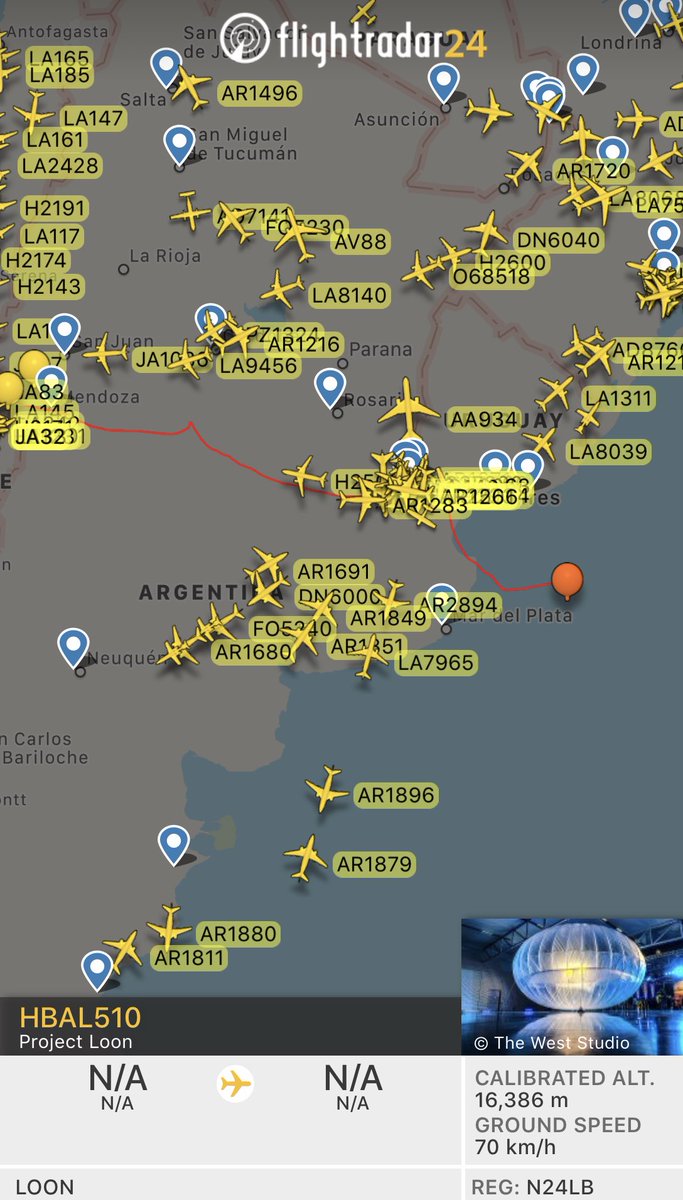 JonoH's tweet image. Watching the #projectloon balloons drift over South America.