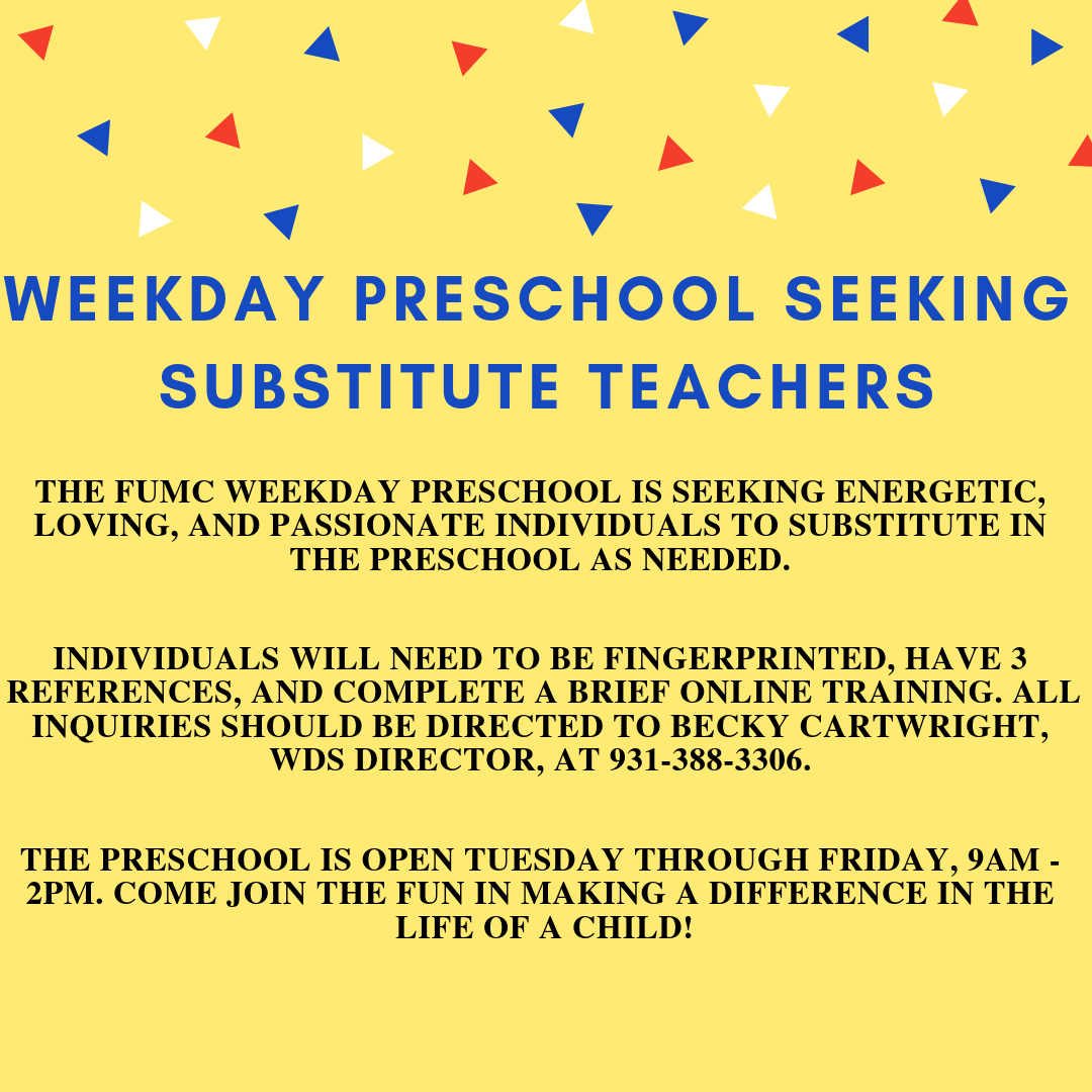 ColumbiaTNFUMC's tweet photo. Weekday School needs subs! Come join the fun. #columbiafirst https://t.co/CdIwKnn5pR