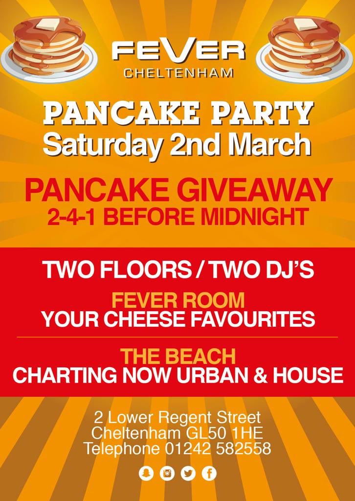 Now valentines is over... let’s skip to the good bit 😍 #pancakeparty 🥞

Saturday 2nd March Fever Cheltenham is throwing the biggest pancake party ... EVER 🥳 

P A N C A K E - G I V E A W A Y ♥️

*SCREENSHOT THIS POST FOR A FREE SHOT*

2️⃣-4️⃣-1️⃣ BEFORE midnight 🕛
FREE ENTRY 🆓
