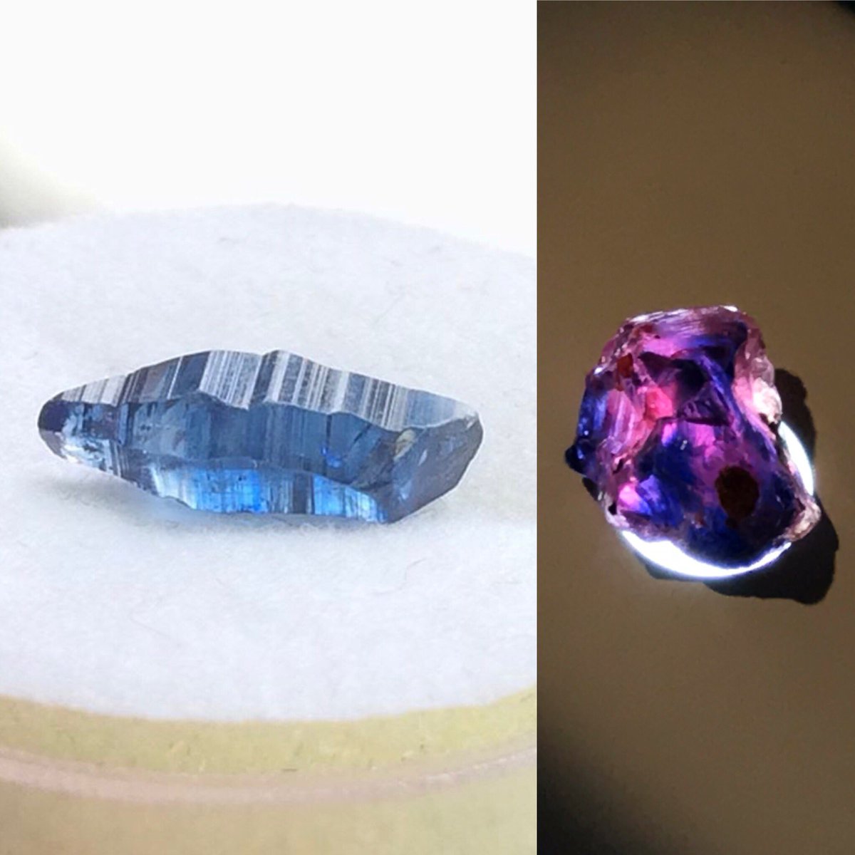 ゆーり 華輝石展 セントラル色紙展 日曜鉱物写真会 コランダムという石の中でも赤いものがルビー 青いものが サファイアです 右のはルビーとサファイアが一つの石に入ってます ウィンザ産です お気に入りは左のスリランカの美サファイア