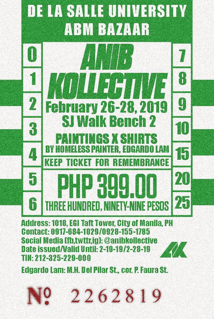 anibkollective's tweet photo. Visit us at our booth in the DLSU ABM BAZAAR, SJ WALK BENCH 2 (near the Central Plaza) with ReFashon PH as we sell shirts with the design of homeless painter Edgardo Lam, and the artworks of another street artist Jhalanie Matuan!

See you there! https://t.co/D8iDWwY07M