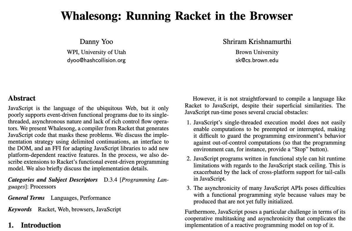 dynlangsym's tweet photo. From #dls13:
Whalesong: running racket in the browser.
by Danny Yoo, @ShriramKMurthi
Work on mapping @racketlang to JavaScript and it's event loop.
https://t.co/YEBGBJG8xI
#pastPapers https://t.co/mJ1DU3BgnA
