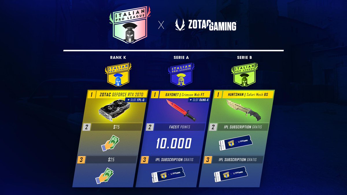 ItaProLeague's tweet photo. Oltre $1000 in palio in questa Stagione di #ItalianProLeague. C'è tempo fino all'8 Marzo per partecipare!
Non perdete l'occasione di portarvi a casa una @ZOTAC #GeForceRTX2070 💛
👉 GIOCA GRATIS: https://t.co/HX2vLOVfpS https://t.co/6stVkI8ejB