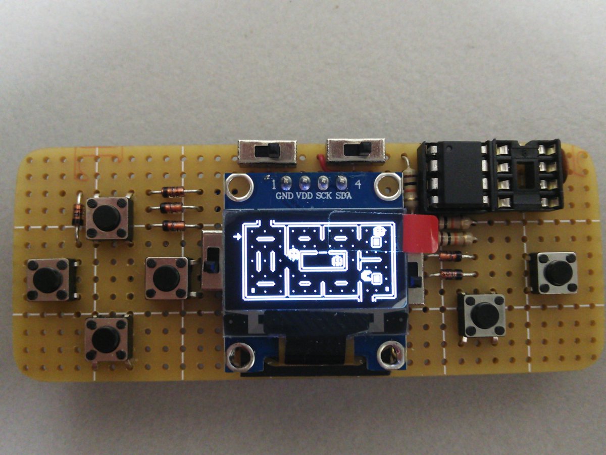 MstrBlinky's tweet photo. Wanted to make a dev unit for @webboggles #attinyarcade but ended up redesigning it into a version with 6 digital buttons. Fun thing about those digital buttons is that any of those can wake the unit up @microchipmakes #attiny85 https://t.co/H7mc1urAIc