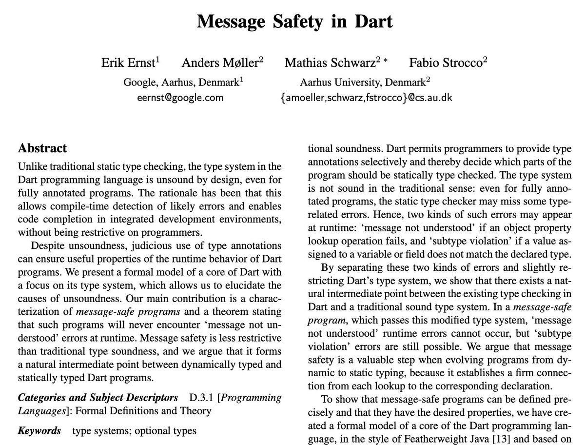 dynlangsym's tweet photo. From #dls15:
Message safety in Dart
by E. Ernst et al.
Work on @dart_lang's type system.
https://t.co/86NWJzwURk
#pastPapers https://t.co/no23Z8tIww