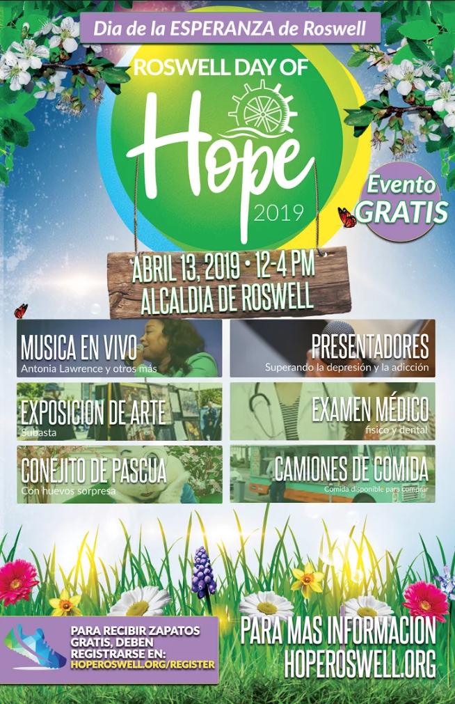 HOLA! Dia de la Esparanza de Roswell! Evento GRATIS! 
Abril 13, 2019 ▪️ 12:00 - 4:00pm

✔️ Para Recibir Zapatos Gratis, Deben Registrarse en:
hoperoswell.org/register