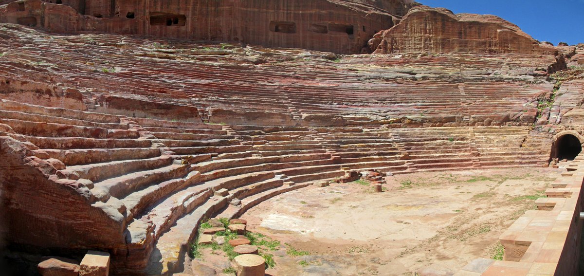 The rock-cut theatre at Petra, built by the Nabataeans in the 1st cent AD, inspired by Greek and Roman architecture. The theatre could seat approximately 8500 people. #roman #architecture #Jordan