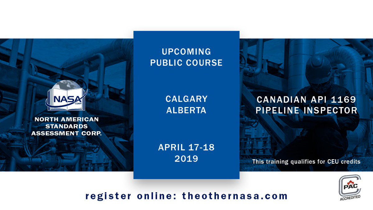 TheOtherNASA's tweet photo. Canadian #API1169 course added for Calgary in April. The new #Z662-19 clarifies the need for inspection personnel to be trained and qualified to Canadian #pipeline requirements. ICP qual. is insufficient. #TMX #oilandgas #midstream @OilGasCanada #APEGA @HuskyEnergy @CNRLCareers https://t.co/k2mqVvzNP2