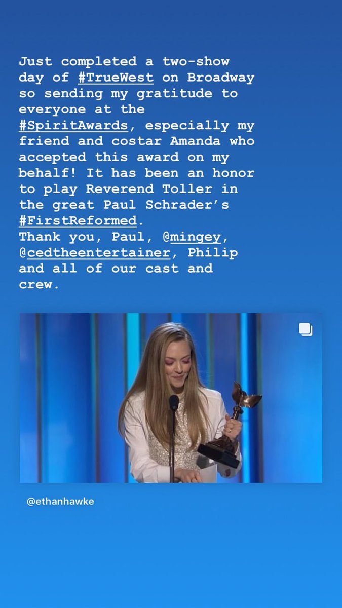 Congratulations to Ethan for the well-deserved win as Best Male Lead Actor for 'First Reformed'! 👏