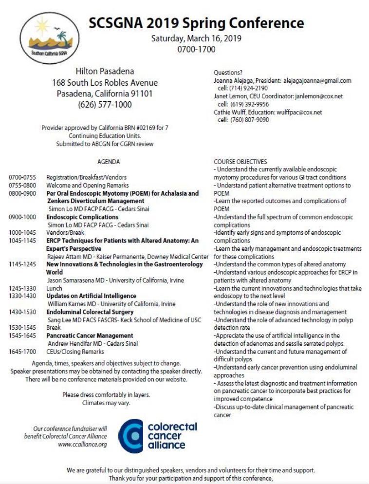 SoCalSGNA's tweet photo. All #ginurses and #gitechs.. Learn about #AdvancedEndoscopy, meet new friends and check out the Vendor booth exhibits at the #SocalSGNA Spring Conference on March 16, 2019 at the Hilton Pasadena. Register now for discounted pricing at https://t.co/7fOAJwsuEe https://t.co/TjuNrN3Whu