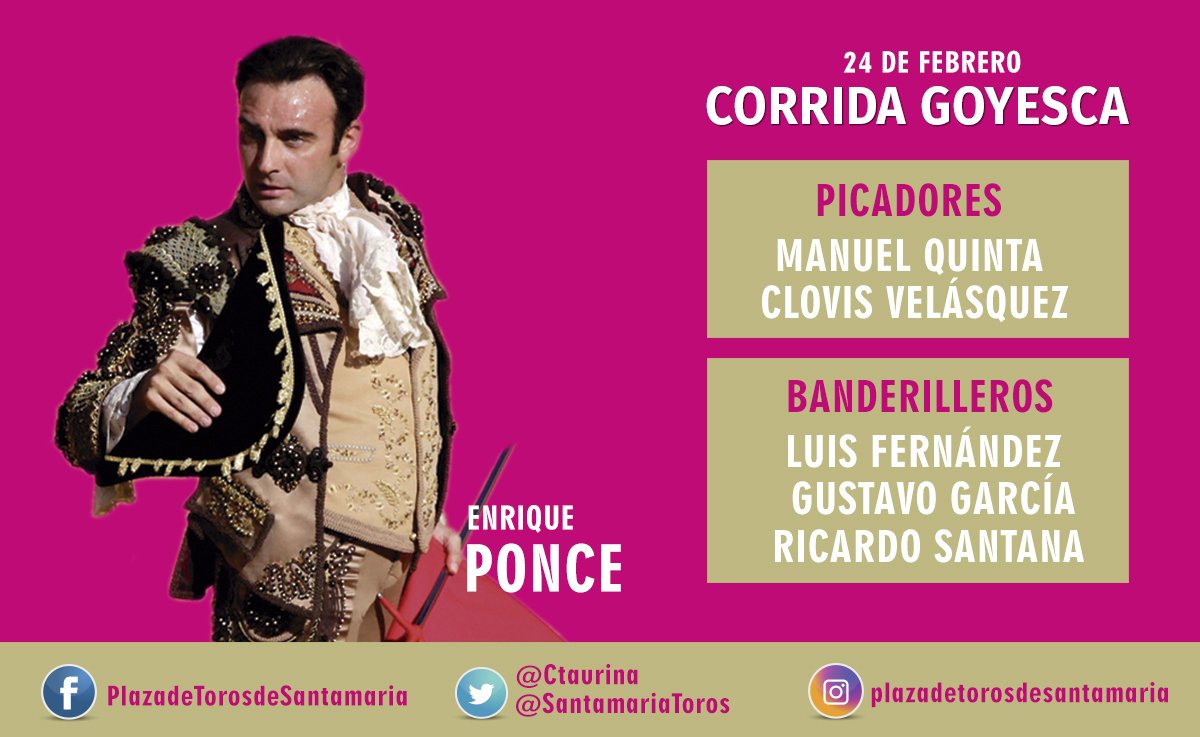 Cuadrilla de ENRIQUE PONCE
#CorridaGoyesca
Hoy 3:30 PM
Compra tu boleta en las taquillas de la plaza
¡Vamos a llenar La Santamaría!