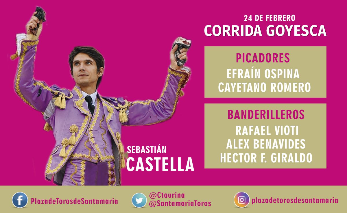 Cuadrilla de SEBASTIÁN CASTELLA
#CorridaGoyesca
Hoy 3:30 PM
Compra tu boleta en las taquillas de la plaza
¡Vamos a llenar La Santamaría!