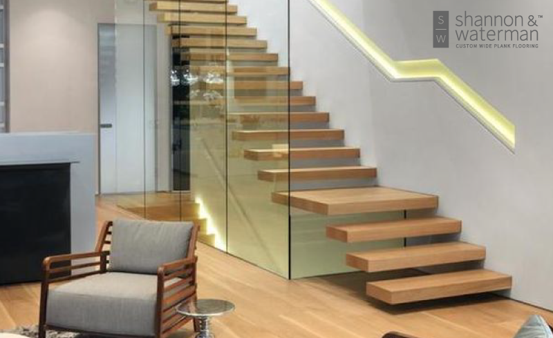 Turn your stairways into a dramatic accent and engaging focal point by upgrading the different elements to match your hardwood floors. #swwideplank shannonwaterman.com