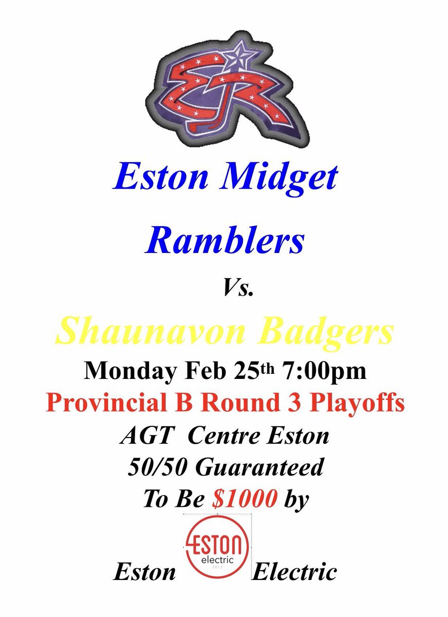 Come watch the Eston Midget Ramblers Monday 25FEB19 as they take on the Shaunavon Badgers. 50/50 guaranteed by Eston Electric #RamblerNation