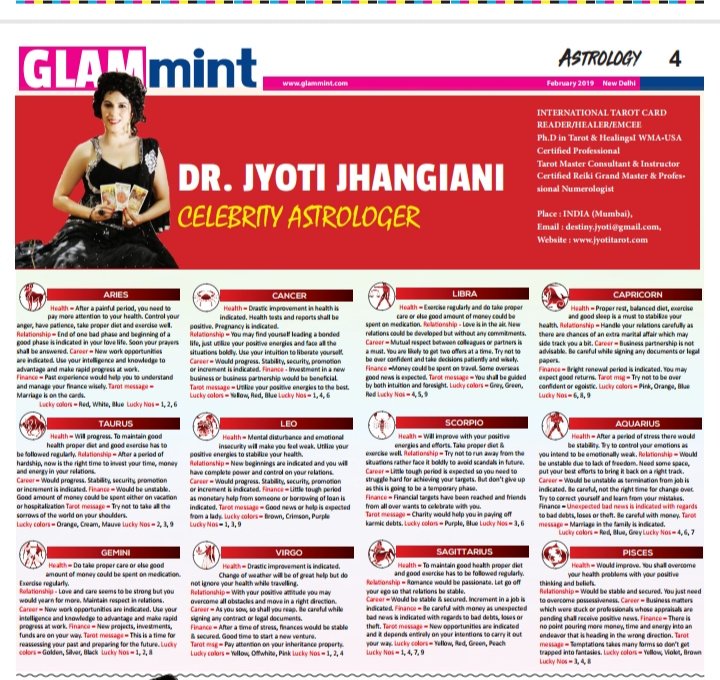 TarotcardMaster's tweet photo. Tarot prediction for Feb 2k19 by Dr Jyoti Jhangiani for Glam Mint Tabloid.
#prediction #tarot #horoscopepredictions #horoscope #zodiacsigns #sunsigns #monthlyptediction #feb2k19 https://t.co/y70uMaqvnC