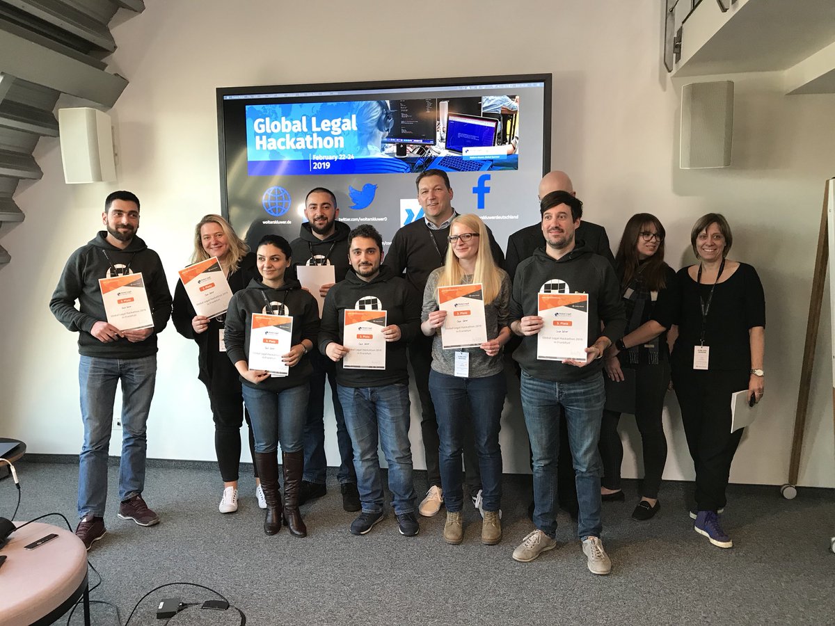 WoltersKluwerD's tweet photo. Platz 2 für „LawInOrder“, Platz 3 für „Case Solver“ beim @worldhackathon @reinvent_law #GLH2019 #GLHFFM Herzlichen Glückwunsch! https://t.co/CFmRaxnODP