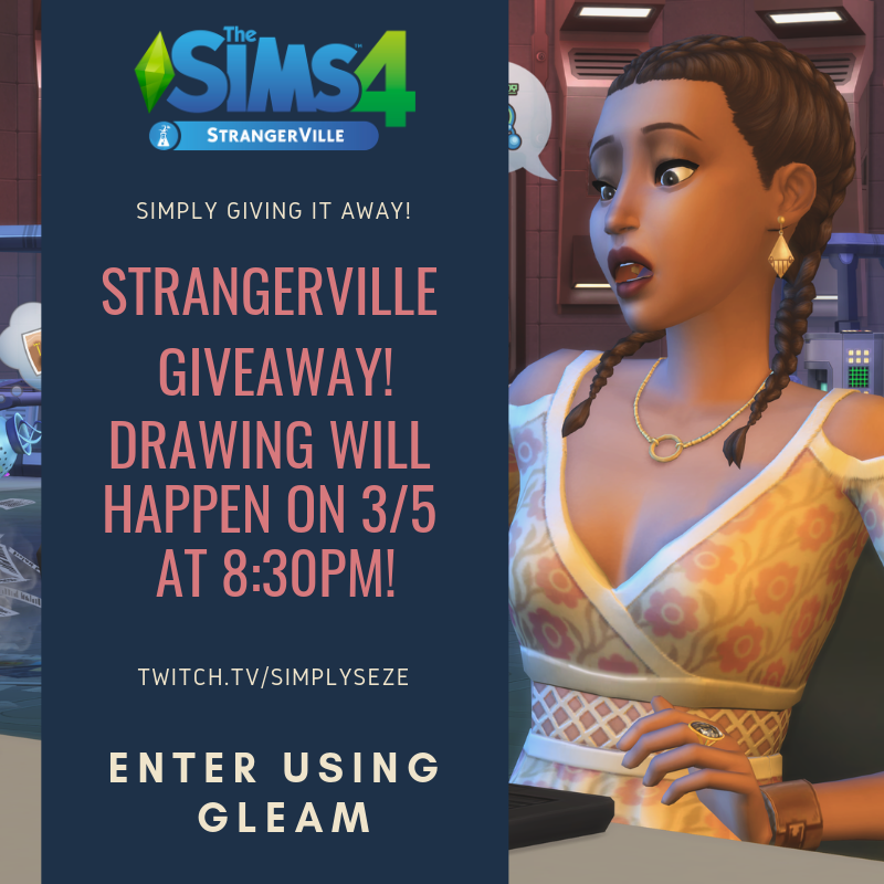 SimplySeze's tweet photo. 💜Giveaway Time! The Sims 4 StrangerVille GP!💜

Enter using the Gleam link below! Winner will be drawn on March 5th at 8:30PM EST!

https://t.co/AKgEWbaI7T 

Good Luck! https://t.co/MwFlDuctVw