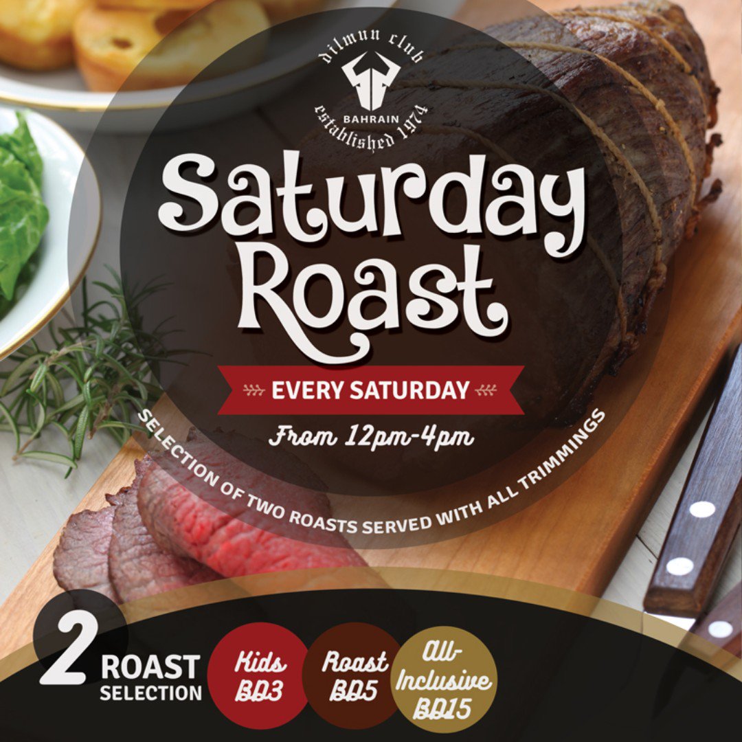 DilmunClub1's tweet photo. The Dilmun Club is bringing back the traditional British favourite, the roast! Come and join us every Saturday for a warm and hearty roast
.
12PM til 4PM
.
Kids - BD3
Roast - BD5
All Inclusive - BD15
.
.
.
#roast #roastdinner #roastlunch #dilmun #dilmunclub #bahrain #manama #saar https://t.co/NPwqXI6Fqq