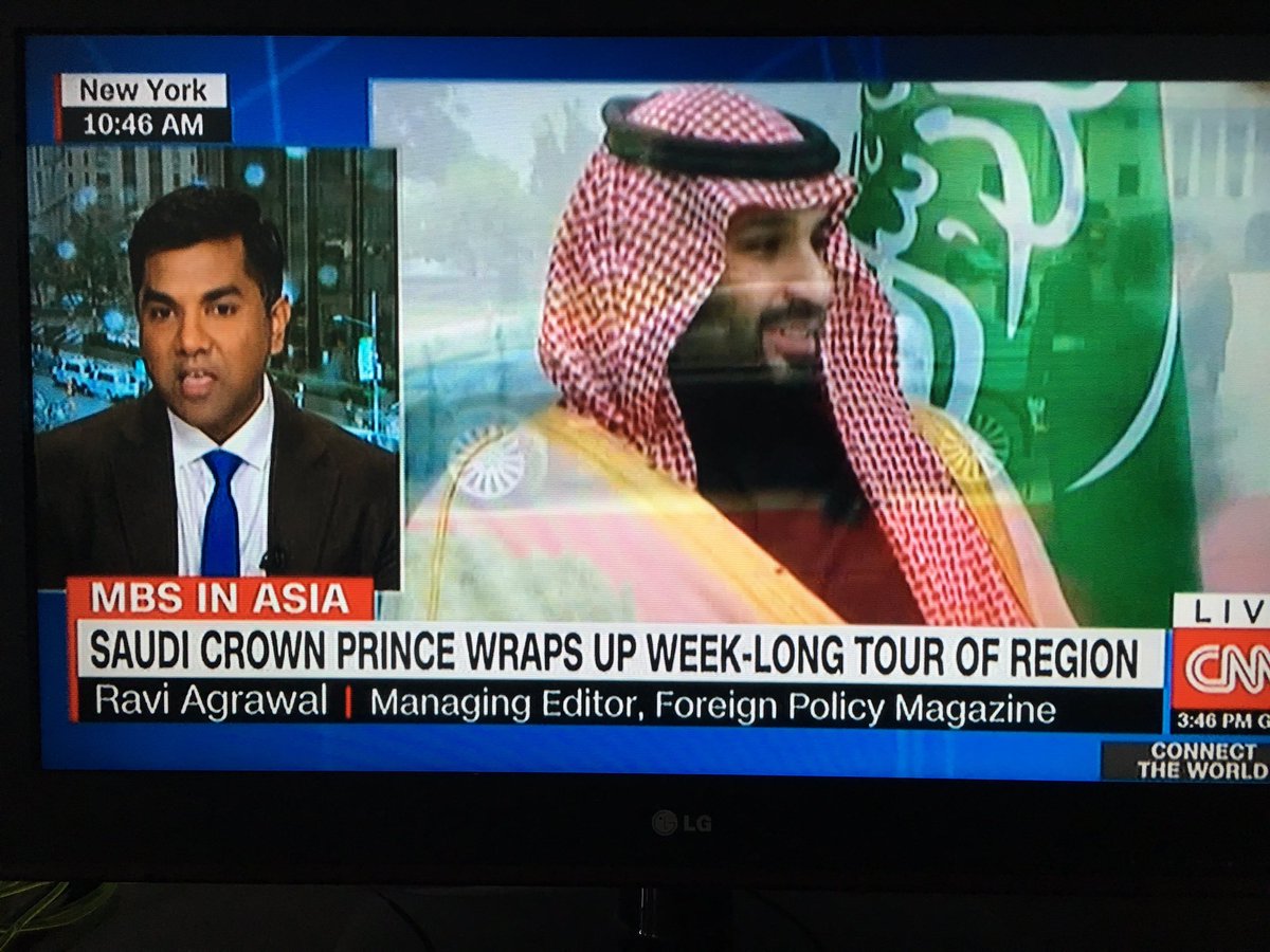 AlphonsoVM's tweet photo. Great to see the ageless wonder Ravi Agrawal back on @cnni #ConnectTheWorld - now as Managing Editor of @ForeignPolicy and book author, talking about #Saudi diplomacy and #MBS’ public rehabilitation following journalist  #JamalKhashoggi murder at the hands of #KSA govt agents. https://t.co/gv35jUuaDl