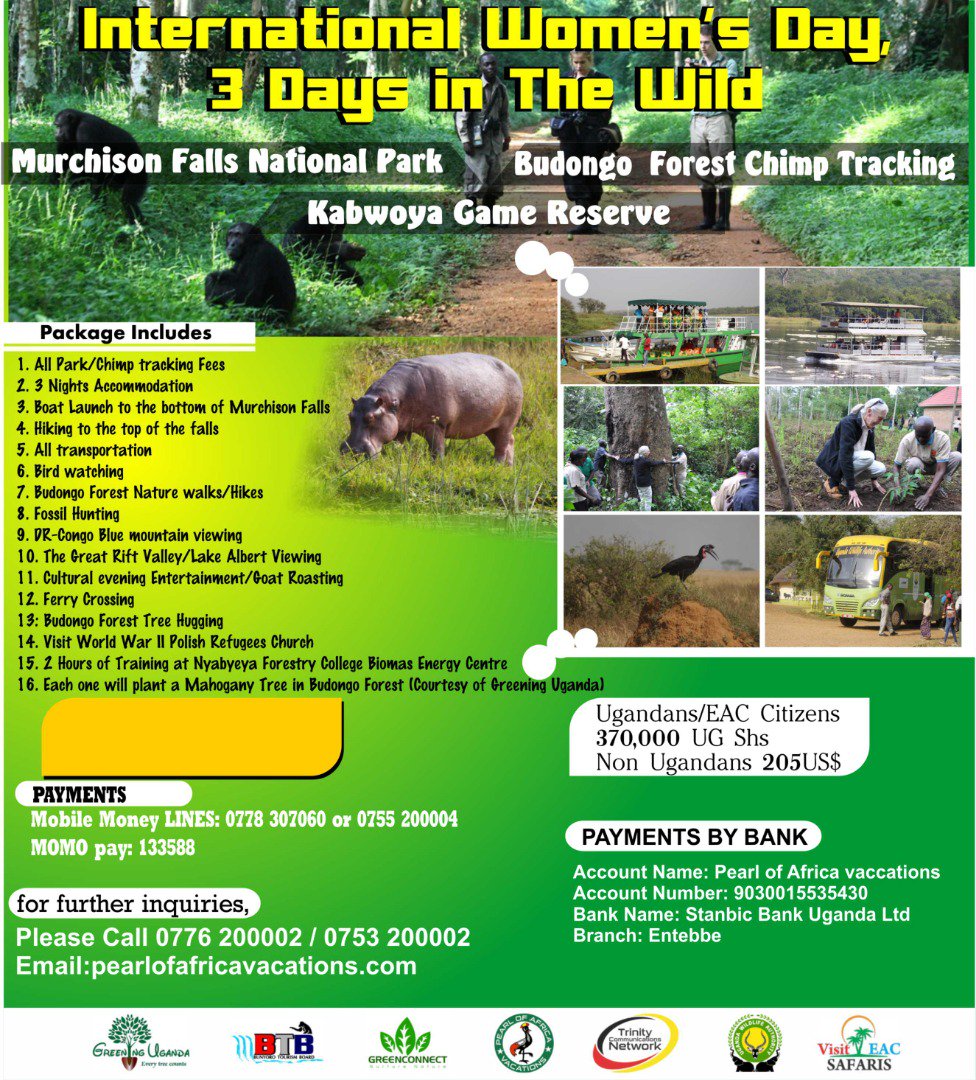 3 Days in the Wild. As the World celebrates the International Women's on 8th March, we bring you a memorable opportunity to visit Uganda's most Award Winning National park, Murchison Falls, Go Chimp Tracking in Budongo Forest, book now pearlofafricavacations.com/Special_Tour/S…