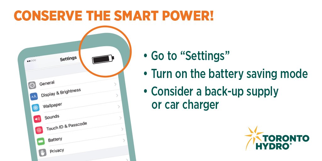 TorontoHydro's tweet photo. With high winds expected this afternoon, we’re encouraging everyone to be prepared for possible outages. 
Ensure your mobile is fully charged or switch to battery saving mode during an outage.
More tips: https://t.co/wPtqJ81sRh #ONStorm https://t.co/J90Bfj3PeB
