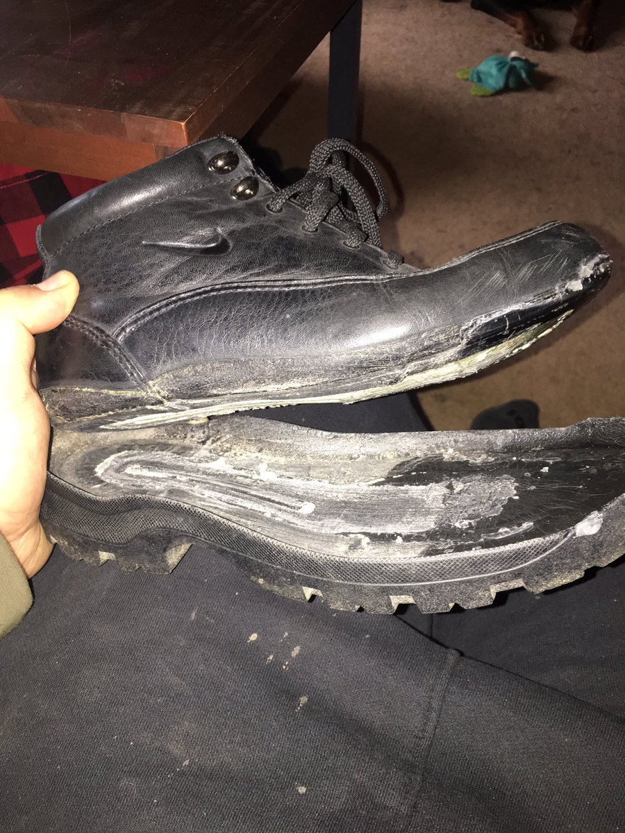 burkhart_chad's tweet photo. Hey @Nike, while it may not be Zion even your boots are coming apart. This happened to my mother in law mid shift at work. Whatβs going on here lately? #ZionsShoe #nikefail #barelyworn https://t.co/IMUnJ0HubT