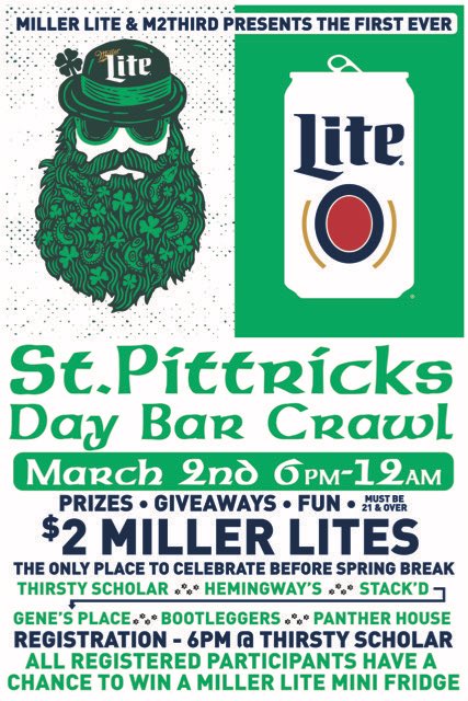 BootleggersPgh's tweet photo. Join us at Bootleggers for #StPittricksDay! March 2nd from 6-12. Presented by @MillerLite and @M2Third https://t.co/mNAR1qxpYC