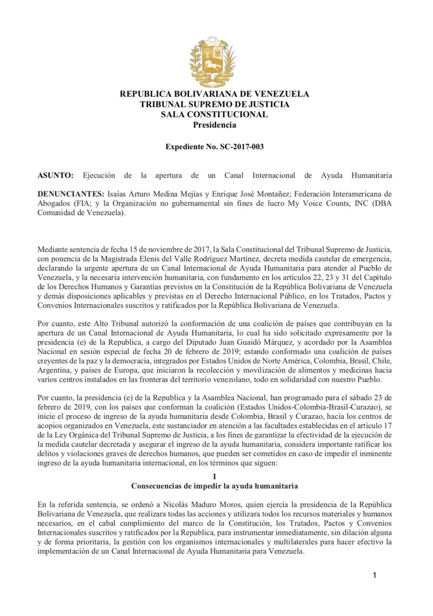TSJ_Legitimo's tweet photo. Tribunal Supremo de Justicia declara que expresidente Nicolas Maduro Moros y quienes siguen sus órdenes cometen delito de EXTERMINIO (lesa humanidad) contra el pueblo de Venezuela. #canalhumanitario #VenezuelaLiveAid https://t.co/ld3eTbfVYb