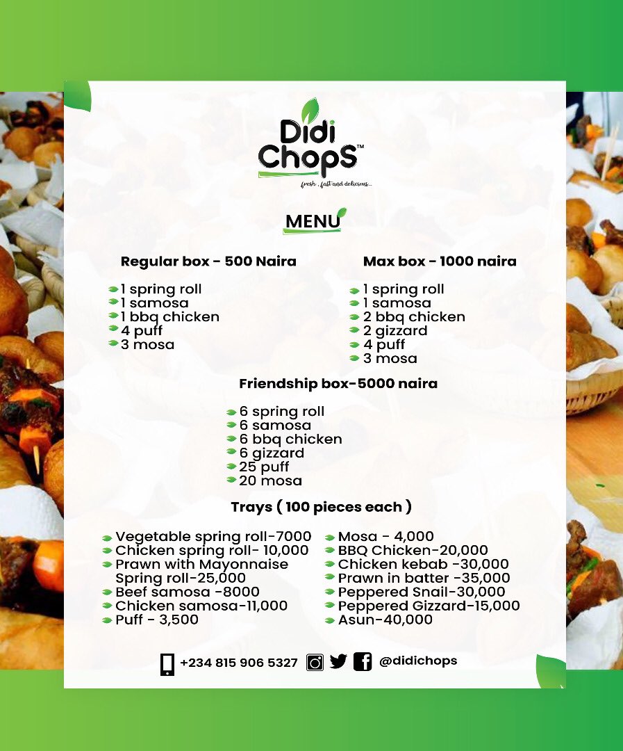 Hello Amazing People, we have made a few changes to our Menu in order to serve you better😊.Please send in your orders for this week and make sure to have a small-Chops filled week ahead 😉
.
.
#didichops #smallchops #smallchopslagos #smallchopsvendorsinlagos #smallchopsvendor