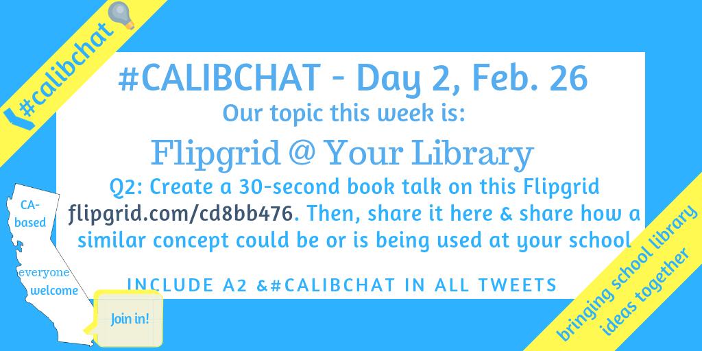 plemmonsa's tweet image. It&apos;s time for Q2 in our #CALibChat  Add your book talk here   flipgrid.com/cd8bb476 #flipgridfever