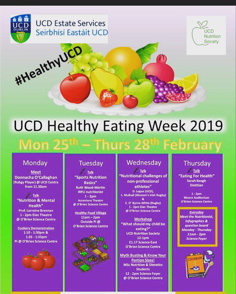 HEALTHY EATING WEEK 2019! Kickstarting the #HEW19 events tomorrow at 11:30 at Centra with Donnacha O’Callaghan! With our Meet the Nutritionist stand in the Science Hub, informative Lunchtime Talks each day and plenty of chances to win great prizes it’s set to be a great week! 🍏