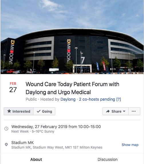 DaylongDirect's tweet photo. If you're attending the Wound Care Today #Patient Forum in partnership with Daylong and @UrgoMedicalUK at Stadium MK on the 27th, please click attending on our Facebook event page🙋: https://t.co/Vxn3zcxW7N You can connect with like-minded people ahead of the event! 😁 https://t.co/PmVZt5acD5