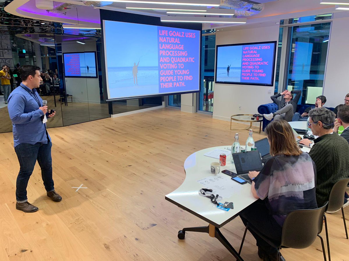 BeMyAppEMEA's tweet photo. Next up is ‘Life Goalz’ with a solution that uses voting and natural language processing to shift clients of @DePaulUK to finding a life purpose and working towards their next goal aiding personal growth @BCGDV #DvImagines #hacking #homelessness https://t.co/m8aNsZAFv0