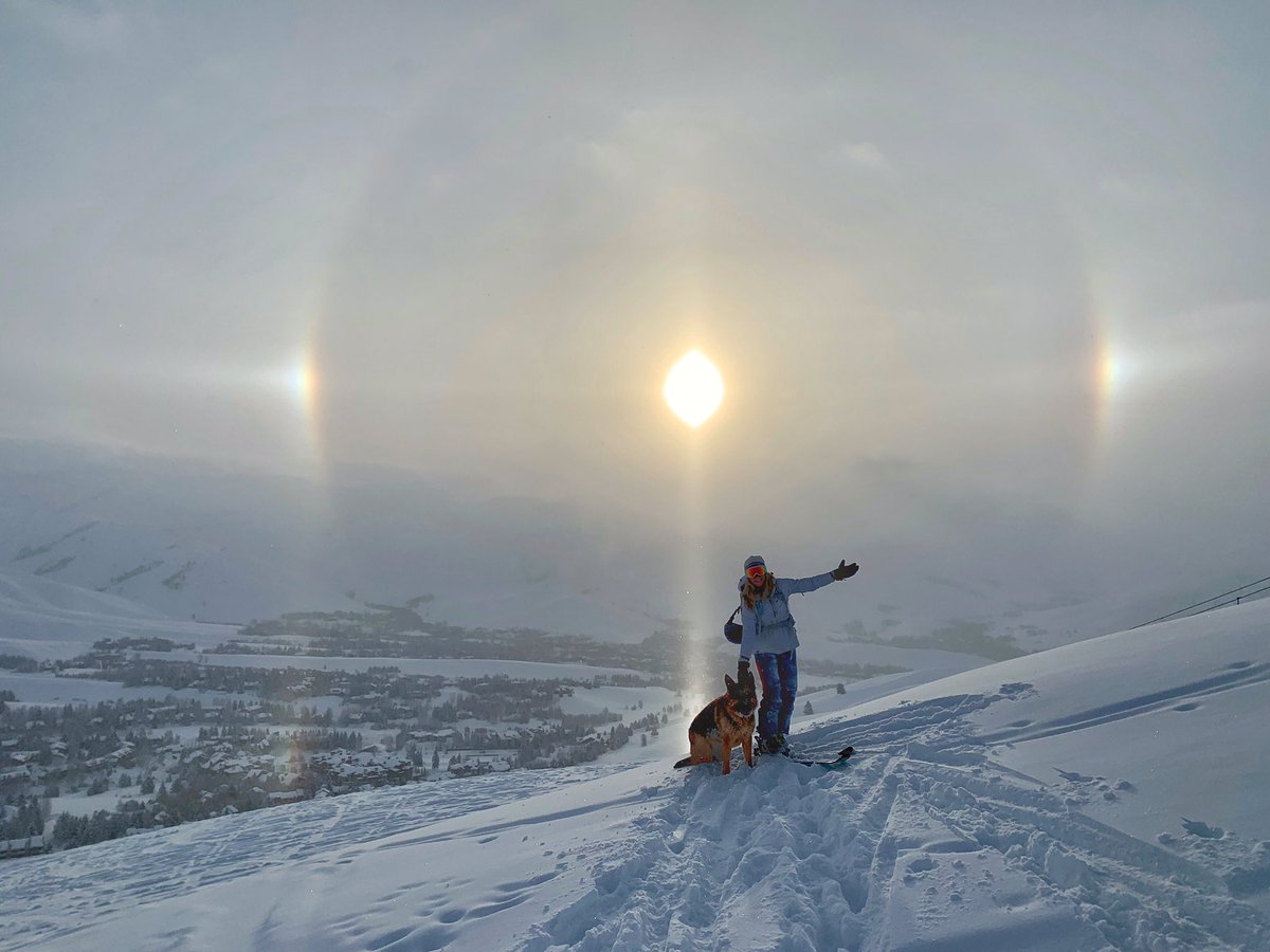 lorimcneeartist's tweet photo. Epic morning! Skiing with my dog underneath a beautiful Sun Dog! Read about “sun dogs” here> https://t.co/uvYoz76LNx #sunvalley #skiing #gsd https://t.co/Bl0ldcxueF