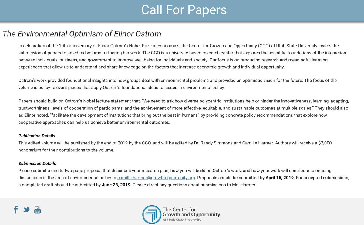 Call for papers! <a href="/cgousu/">Center for Growth and Opportunity</a> is producing an edited volume on Elinor Ostrom's research. Specifically, we're inviting papers on how Ostrom's ideas apply to today's environmental policy: growthopportunity.org/research/call-… #ostrom #AcademicTwitter #PoliSciTwitter #EconTwitter